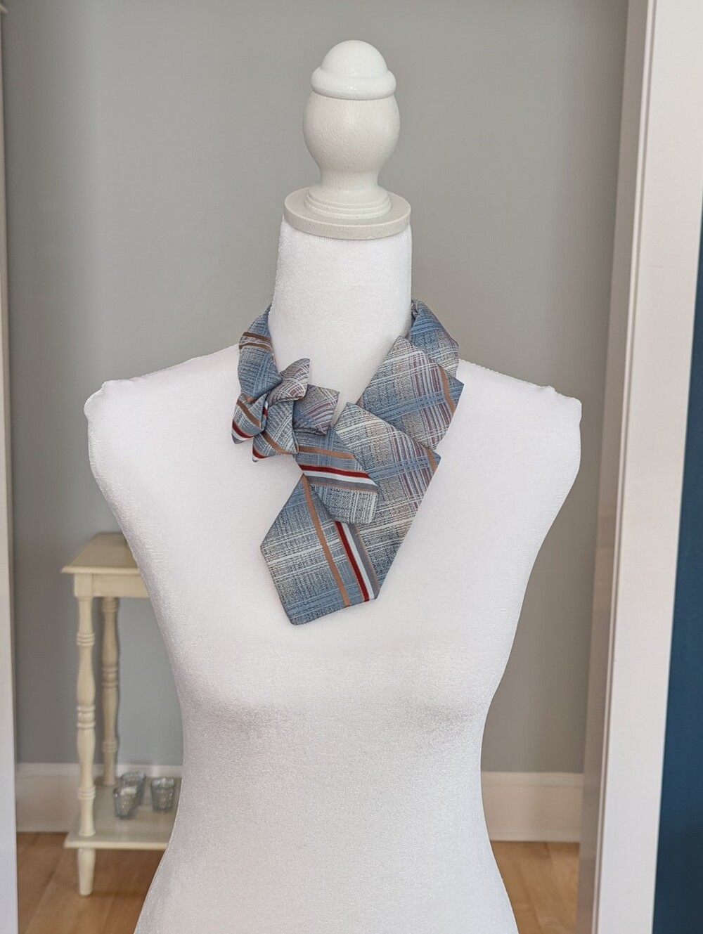 NWT Handcrafted Ascot Scarf Upcycled Vintage Necktie Blue Short Preppy